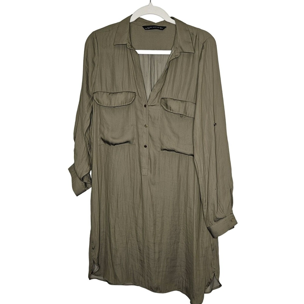 Zara Army Green Chiffon‎ Mini Shirt Dress Roll Tab Lightweight Size LARGE